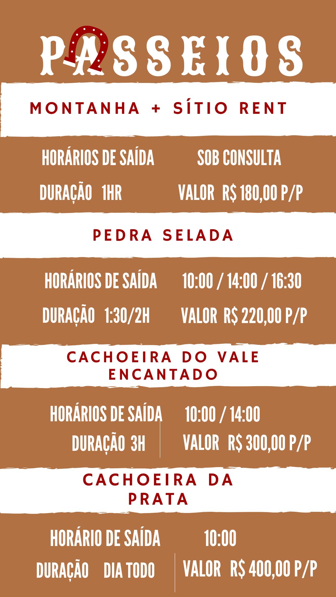 Tabela de preços dos 4 passeios